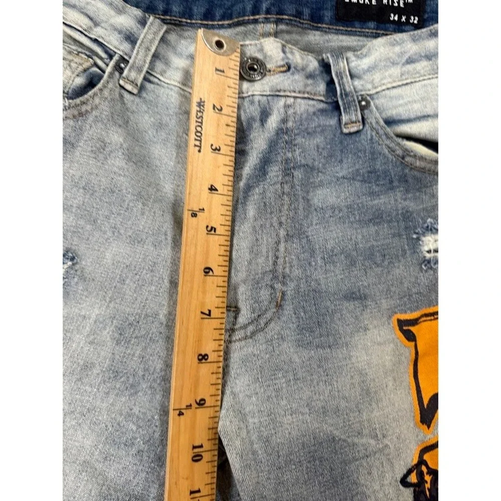 Smoke Rise Mens Light Wash Distressed Patched Graphic Denim Jeans Slim Fit 34x31